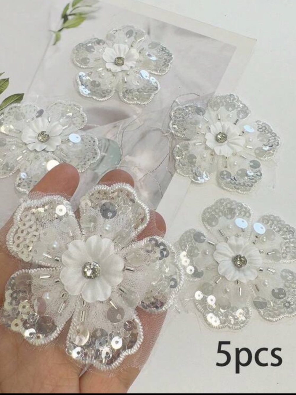 New White Sequin Floral Appliqué (5pcs) for wedding dress designing